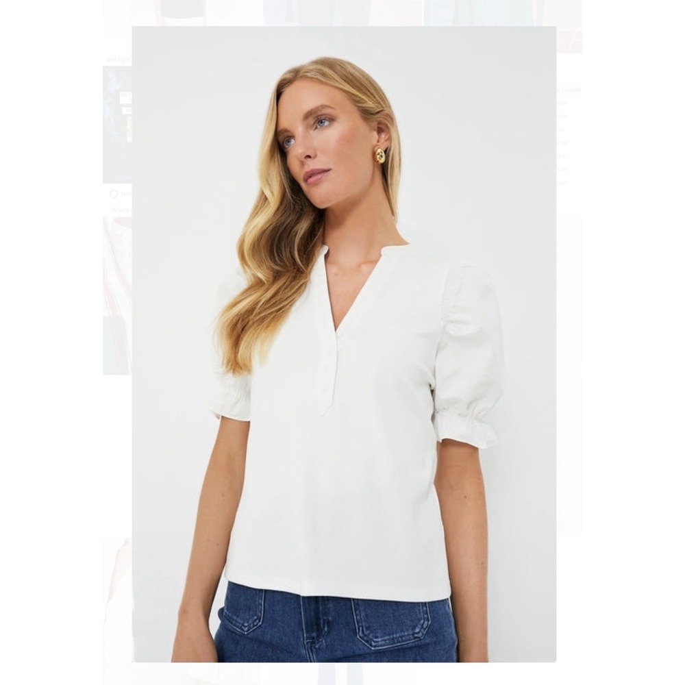 NWT! POMMANDER PLACE Livia White Puff Sleeve V-neck‎ Top Size S